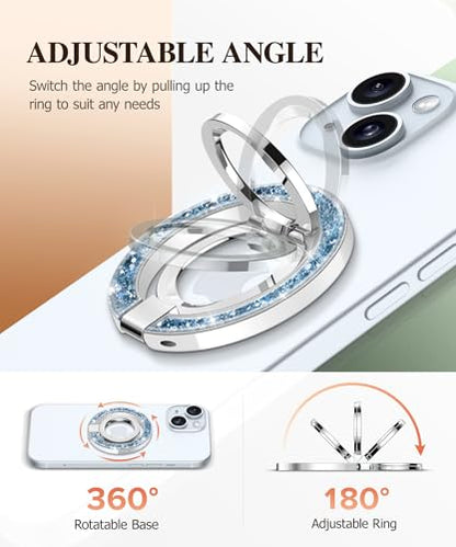 GVIEWIN Magnetic Phone Ring Holder, Compatible with MagSafe Phone Grip | Adjustable Stand, Magnet Phone Ring Kickstand, for iPhone 17/16/15/14/13/12 Pro Max Plus Air/Other Phones (Glitter/Blue) - color: Glitter/Blue