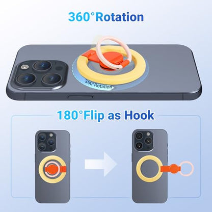 Magnetic Phone Ring Holder with Metal Ring Sticker, Long Grip as Hook, Cell Phone Grip for Hand Removable Finger Holder Compatible for MagSafe Sticker iPhone 17/16/15/14/13/12 Series,Yellow - color: Yellow with Red Center