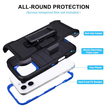 Phone Cases for iPhone 16 Pro Case Black with Belt Clip Heavy Duty | 3 Layers of Sturdy,Military Grade Shockproof ProHolster Protective Cases for iPhone 16 Pro Phone Case Black Blue - color: Black+Blue