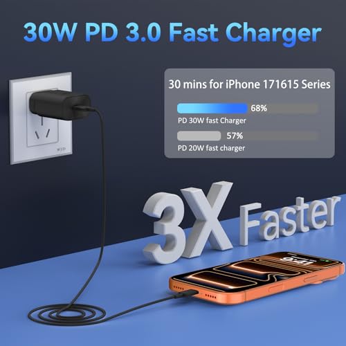 30W USB C Phone 15 Charger Fast Charging Block for iPhone 15/15 Pro Max/15 Pro/15 Plus/Samsung Galaxy S23 Ultra/S23/S23+/S22/S22 Ultra/S22+/S21 Ultra/S20 Ultra/Note 20 & 6.6Ft USB C Charger Cable - color: Black, size: 6.6Ft