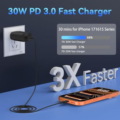 30W USB C Phone 15 Charger Fast Charging Block for iPhone 15/15 Pro Max/15 Pro/15 Plus/Samsung Galaxy S23 Ultra/S23/S23+/S22/S22 Ultra/S22+/S21 Ultra/S20 Ultra/Note 20 & 6.6Ft USB C Charger Cable - color: Black, size: 6.6Ft