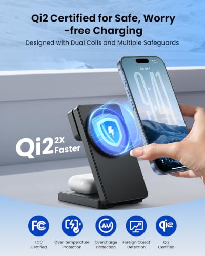 Magnetic Wireless Charging Station for Apple: Upgraded QI2 Certified 15W 3-in-1 Magsafe Wireless Charger Stand, Foldable Travel Fast Charger for iPhone 17 16 15 14 13 12 Series, Apple Watch, AirPods - color: Pure Black