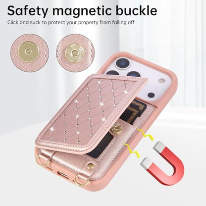 for iPhone 17 Pro Max Wallet Case with Card Holder Slots and Strap, RFID Blocking Magnetic Flip Folio Cover, Crossbody Purse Protection Case with Kickstand,Rose Gold Diamond - color: Rose Gold Diamond, size: iPhone 17 Pro Max(6.9")