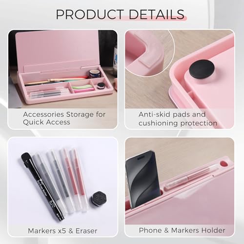 TOWON Compact Glass Desktop Whiteboard with Storage 12x7 in, Pink - color: Pink