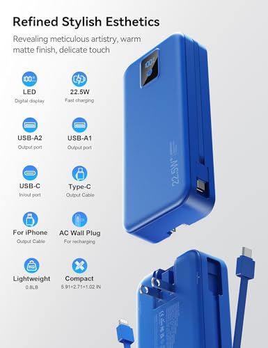 Portable Charger 20000mAh 22.5W w/Built-in Cable & Wall Plug Navy - color: Indigo