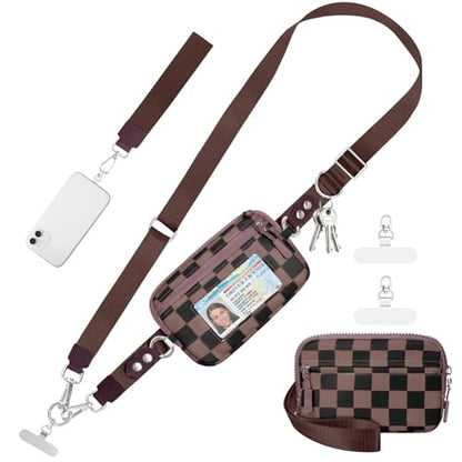 Tiostep Clip and Go Strap for Phone with Wallet Crossbody Phone Lanyard Adjustable and Detachable RFID Wristlet Wallet (Black Brown Checkered, Medium) - color: Black Brown Checkered, size: Medium