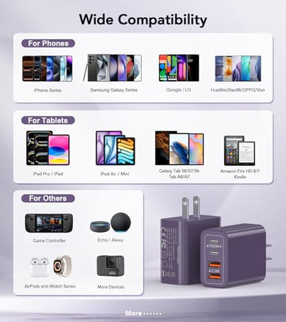 [2Pack] 40W USB C Plug,4-Port Fast Charger Block PD+QC 4 Port Charger Cube Wall Charging Box Brick for Samsung Galaxy S22/S21+/S21 Ultra,Magsafe Wireless Charger,iPhone 16/16 Pro Max/15/14/13(Purple) - color: Purple