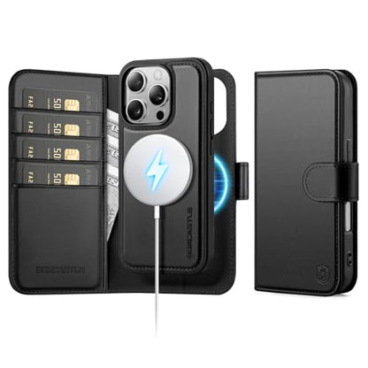 Magnetic 2 in 1 Detachable Compatible with Magsafe iPhone 16 Pro Genuine Wallet Case with Card Holder,Women Men Real Leather Flip RFID Blocking Credit Card Slots Stand Phone Cover,Black - color: Black, size: iPhone 16 Pro - 6.3"