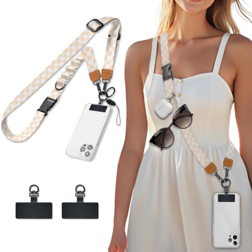 Icycay Phone Lanyard Crossbody Strap Adjustable Teacher Women Checkered - color: Checkered Apricot