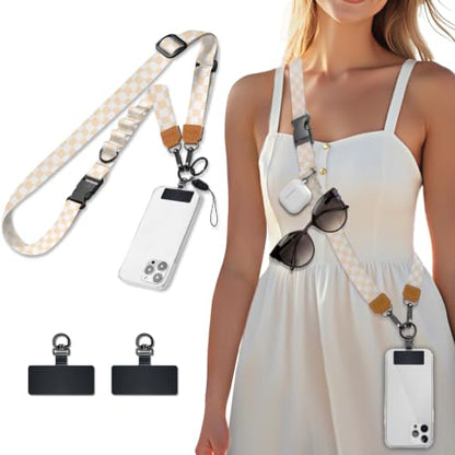 Icycay Phone Lanyard Crossbody Strap Adjustable Teacher Women Checkered - color: Checkered Apricot