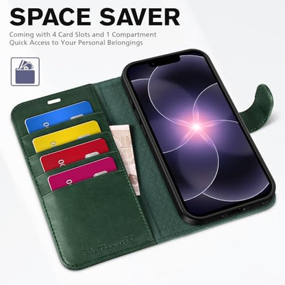 TUCCH Wallet Case for iPhone 17e & 16e (6.1"), 4 Card Slots, Evergreen | RFID Blocking, Viewing Stand, Shockproof TPU Shell, PU Leather, Magnetic Closure, Protective Folio Flip Cover - color: Evergreen