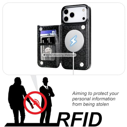 HAOPINSH Wallet Case for iPhone 17 Pro Max,Compatible with MagSafe Wireless Charging, Black Leopard Cheetah Pattern Back Flip Folio Leather Kickstand Card Slots Case Double Magnetic Clasp Cover 6.9" - color: Black Leopard for MagSafe