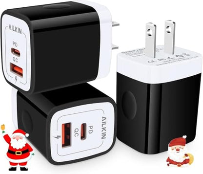 3Pack Dual Port USB-C Wall Plug-in USBC Charger, AILKIN 20W Power Delivery - color: Black-White