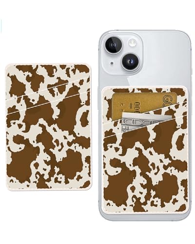 Dual Pocket Leather Phone Wallet Adhesive Stick On, Cute Card Holder for Case, Brown Cow Print - color: Cute Brown Cow Print