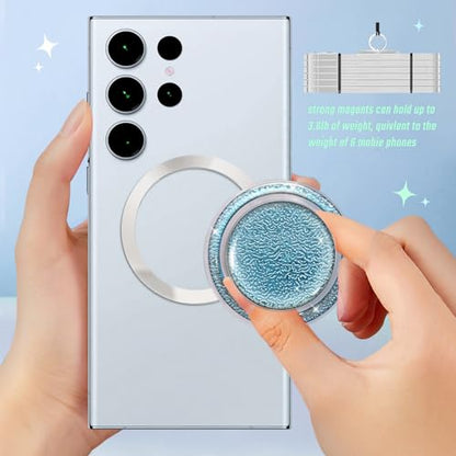 Magnetic Phone Grip, Sparkly Transparent Magnetic Collapsible Expandible Mobile Phone Grips Stand Holder for iPhone 17 16 15 14 13 12 Series, Light Blue