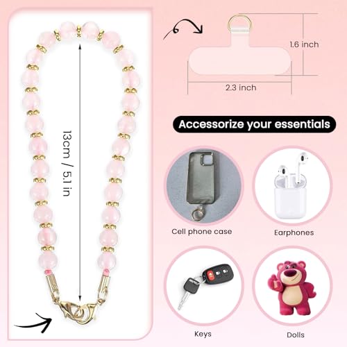 Phone Charm Wrist Strap Marble Beaded Chain Detachable Bracelet Lanyard Hand Wristlet Strap Fashion Accessories Finger Grip with 3 Tether Tab for Women Girl Universal for iPhone 16 Pro Max Rose Quartz