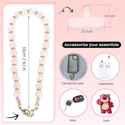 Phone Charm Wrist Strap Marble Beaded Chain Detachable Bracelet Lanyard Hand Wristlet Strap Fashion Accessories Finger Grip with 3 Tether Tab for Women Girl Universal for iPhone 16 Pro Max Rose Quartz