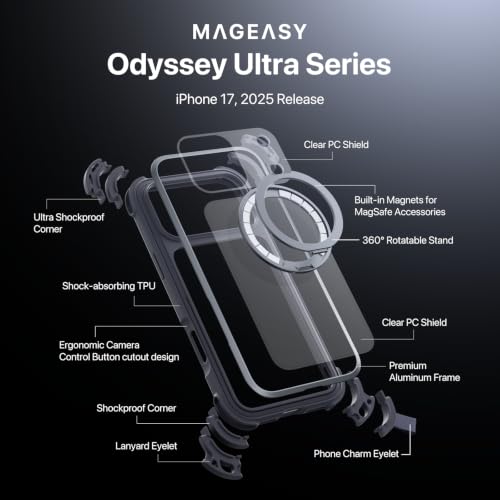 MAGEASY Odyssey Ultra MagSafe 360° Magnetic Stand iPhone 17 Pro Max Crossbody Case with Strap for Men, 25ft Shockproof TPU + Aluminum Frame, Interchangeable Lanyard Eyelets (Midnight w/Kickstand) - color: Midnight w/ Kickstand, size: iPhone 17 Pro Max