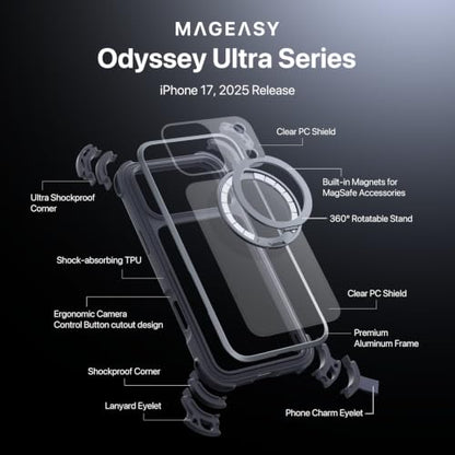 MAGEASY Odyssey Ultra MagSafe 360° Magnetic Stand iPhone 17 Pro Max Crossbody Case with Strap for Men, 25ft Shockproof TPU + Aluminum Frame, Interchangeable Lanyard Eyelets (Midnight w/Kickstand) - color: Midnight w/ Kickstand, size: iPhone 17 Pro Max