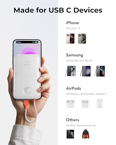 VIYISI 0.58” Slim Portable Charger Small 10000mAh with Built-in USB C Cable - color: White