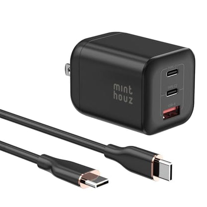 Minthouz 67W GaN Charger, 3-Port Fast Charging Power Adapter with Type-C & USB-A, for iPhone 17/16/15, iPad Pro, MacBook Air/Pro, Galaxy S25/S24, Google Pixel, Compact Travel Charger with 3.9FT Cable