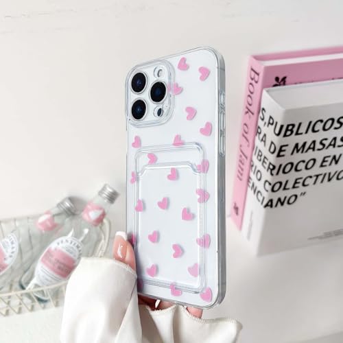 NITITOP Compatible with iPhone 15 Pro Max Case Clear with Card Holder Cute Pink Love Heart Pattern Design Design Soft TPU Shock-Absorbing Wallet Case Protective Cover - Pink - color: Pink, size: iPhone 15 Pro Max