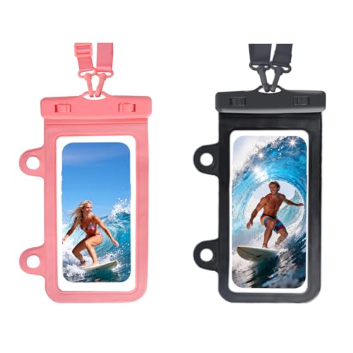 Larger Waterproof Phone Pouch iPhone &Shower Phone Holder Waterproof with 2 Suction Cups,Water Phone Protector Pouch with Adjustable Lanyard for iPhone 17 16 ProMax (Black+Pink, 2 PCS) - color: Black+Pink