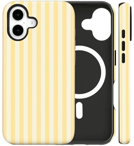 Magnetic for iPhone 16 Case Cute Stripes Phone Case, Yellow | Aesthetic Striped Shockproof Slim TPU and Hard PC Protective Phone Cover Compatible with MagSafe Designed for Women Girls - color: Yellow, size: iPhone 16