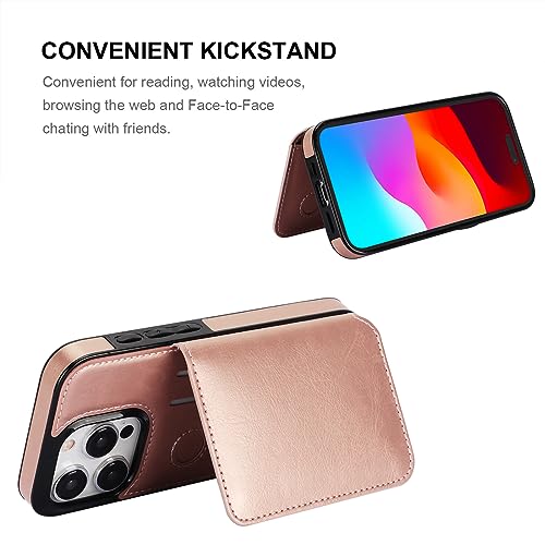 KIHUWEY Compatible with iPhone 15 Pro Wallet Case Credit Card Holder, Premium Leather Kickstand Flip Hidden Magnetic Clasp Durable Shockproof Protective Cover for iPhone 15 Pro 6.1 inch (Rose Gold) - color: Rose Gold