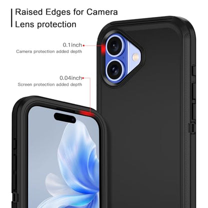 for iPhone 16 Case Heavy Duty Protective Shockproof Dropproof 3-Layer Full Body Protection [Without Screen Protector] Tough Rugged Cover for Apple iPhone 16 6.1 inch 2024,Black - color: Black