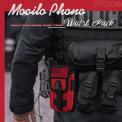Tactical Cell Phone Holster Pouch, Smartphone Pouch Phone Case Molle Attachment Belt Holder Waist Bag for 4.7"-6.9" with US Flag Patch and Gear Clip for iPhone 17 Pro/16 Pro - color: Red