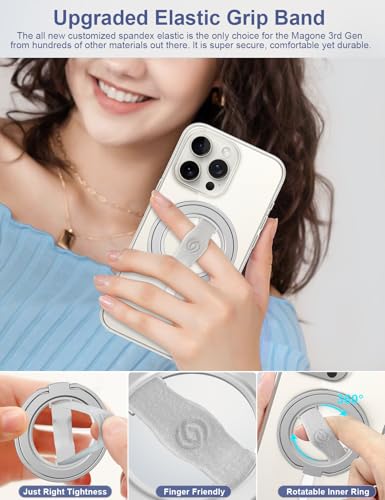 EWA MagOne 3rd Gen [Compatible with MagSafe] Phone Grip Stand with Finger Strap, Removable Magnetic Ring Holder Kickstand Loop for iPhone 17,16,15,14,13,12 Series (Silver) - color: Silver