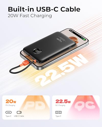 VIYISI Ultra Slim Portable Charger Small 10000mah with Built-in USB C Cable - color: Black