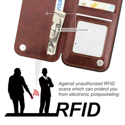 ONETOP for iPhone 17e/16e Wallet Case with Credit Card Holder,Brown | 360° Rotation Ring Kickstand,Finger Grip,Double Magnetic Clasp,RFID Blocking PU Leather Shockproof Cover for Women Men - color: Brown