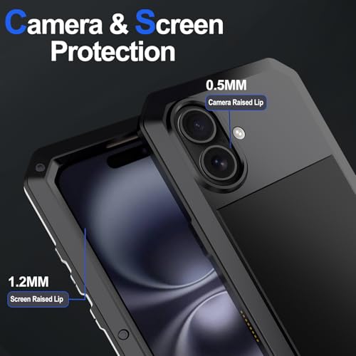 for iPhone 16 Metal Case 6.1",Heavy Duty Shockproof Aluminum Alloy Tough Armour Military Grade Phone Case,360 Full Body Protective Cover with Silicone Built-in Screen Protector - Black - color: Black