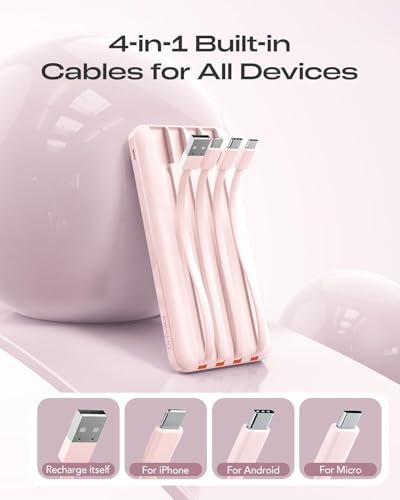Orfeika 20000mAh Power Bank, Portable Charger with 4 Built-in Cables - color: SoftPink