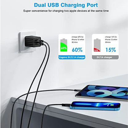 iPhone Charger 10ft,Fast iPhone Block Dual 2Port USB Wall Charge Block Plug - color: Black 2Pack 10FT