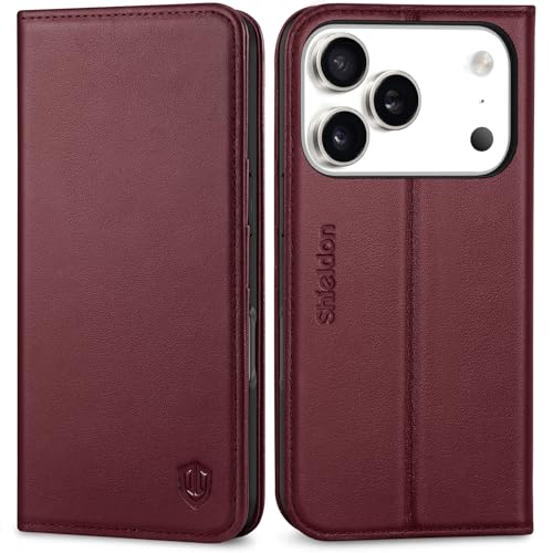 SHIELDON Genuine Leather Flip Wallet Case for iPhone 17 Pro 6.3", Wine Red | RFID Blocking, Credit Card Holder, Magnetic Closure, Kickstand, Folio Design, Soft Shock-Absorbent Phone Cover - color: Wine Red