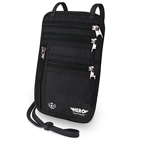 HERO Neck Wallet - RFID Blocking Passport Holder, Easy to Conceal Travel Pouch (Black) - color: Black