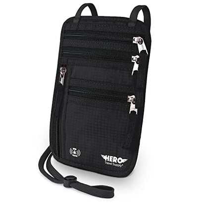 HERO Neck Wallet - RFID Blocking Passport Holder, Easy to Conceal Travel Pouch (Black) - color: Black