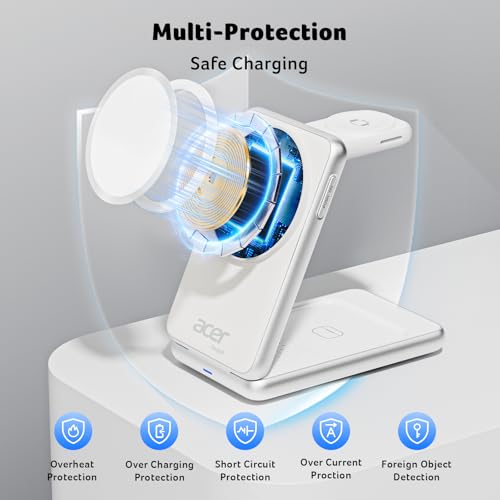 Acer 3 in 1 Charging Station for iPhone, Wireless Charger Stand,15W Fast MagSafe Charger for iPhone 17 16 15 14 13 12 Series-Apple Watch 11 10 9 8 7 6 5 4 3 2 SE and Ultra Series-Airpods 4 3 2 Pro - color: SL-S3-White