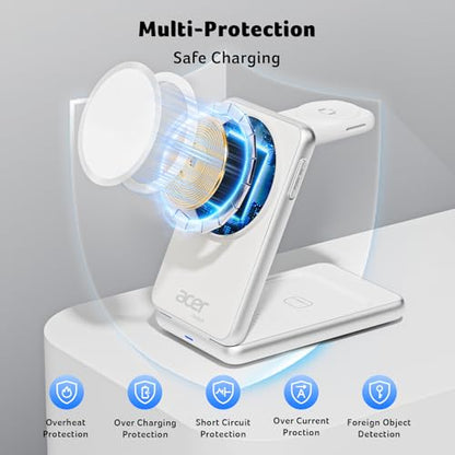 Acer 3 in 1 Charging Station for iPhone, Wireless Charger Stand,15W Fast MagSafe Charger for iPhone 17 16 15 14 13 12 Series-Apple Watch 11 10 9 8 7 6 5 4 3 2 SE and Ultra Series-Airpods 4 3 2 Pro - color: SL-S3-White