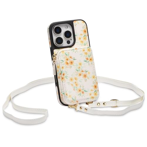 ZCDAYE Zipper Crossbody Wallet Case for iPhone 15 Pro Max, Sunflower | Flip Folio PU Leather, Practical Card Holder, Adjustable Lanyard Strap, RFID Blocking, Warm Sunflower Girly Phone Case - color: Sunflower, size: iPhone 15 Pro Max