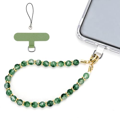 VICHUNHO Marble Beaded Phone Wrist Strap, Cellphone Lanyard with Tether Tab, Hands-Free Wristlet Bracelet - color: Grass Green Jade