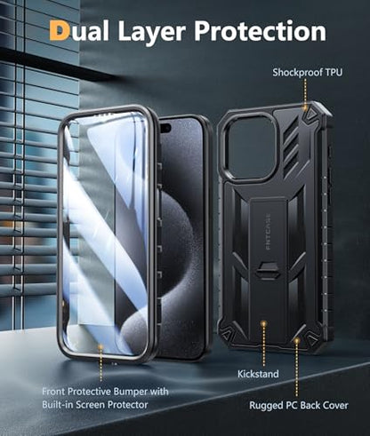 FNTCASE for iPhone 15 Pro Max Case, Built-in Screen Protector, Kickstand | Military-Grade Drop Protection, Anti-Slip Matte Textured, Rugged Heavy Duty Shockproof TPU Protective Cover - color: Black