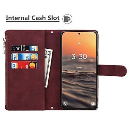 iCoverCase for Samsung Galaxy S23 Wallet Case with Card Holder, Kickstand Feature PU Leather Case with Adjustable Crossbody Lanyard Magnetic Clasp Zipper Pocket Flip Cover (Claret) - color: Claret, size: Galaxy S23