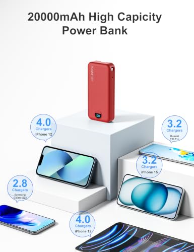 Portable Charger Power Bank 20000mAh with Built in Cables & Wall Plug - color: Red