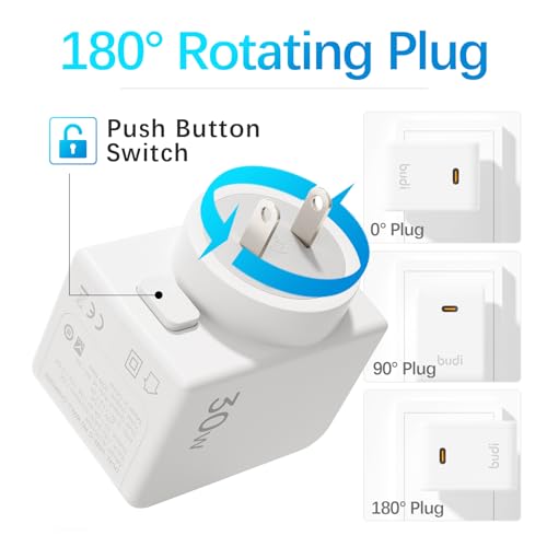 BUDI Wall Charger Plug Power Adapter with PD 30W USB-C Charger Block- 180° Rotating Plug USB Power AdapteCharging Adapter for iPhone15/15Plus/15Pro/15Pro Max,14/13/12 Series, Galaxy, Pixel 4/3, iPad
