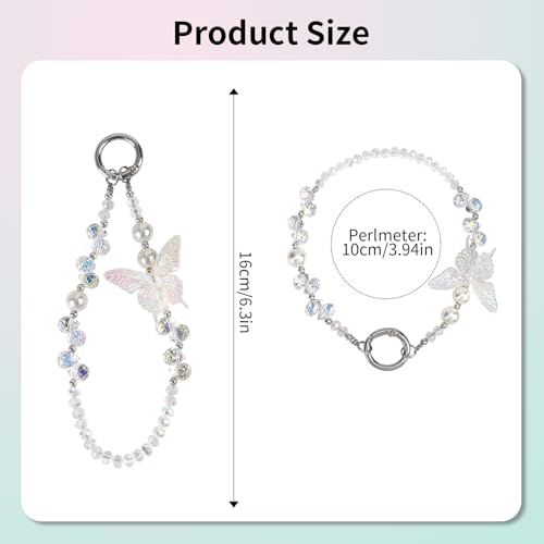 Beaded Phone Wrist Strap,Crystal Glitter Cute Butterfly Keychain Wristlet,Phone Chain Wristlet Purse Bag Charms - color: White