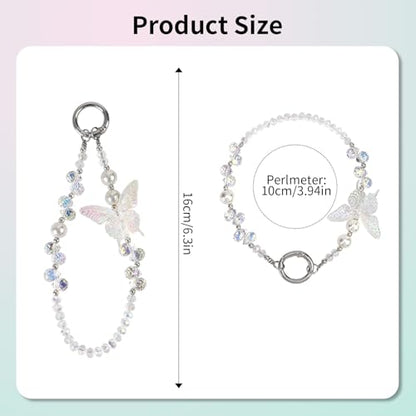Beaded Phone Wrist Strap,Crystal Glitter Cute Butterfly Keychain Wristlet,Phone Chain Wristlet Purse Bag Charms - color: White